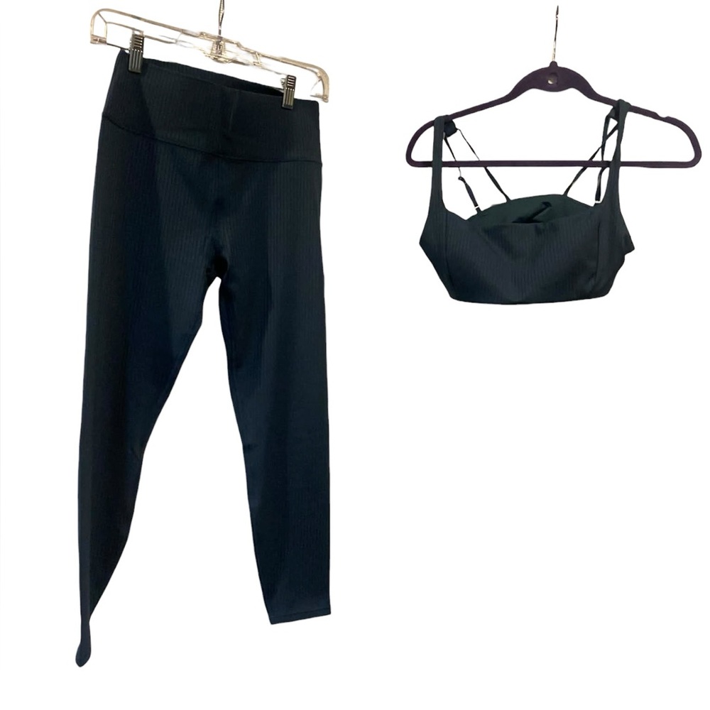 Vuori Dark Blue Ribbed High-Waist Leggings & Strappy Sports Bra Set